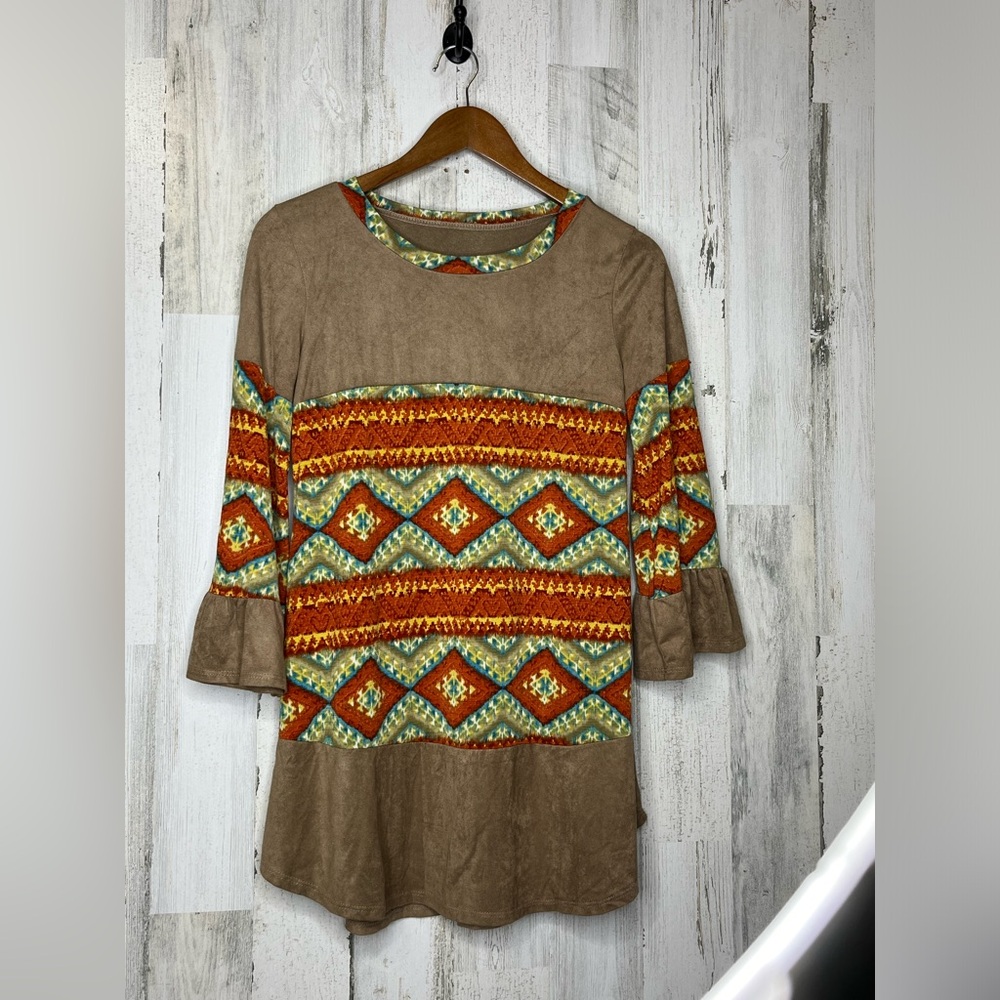 Bohemian Aztec Women's Southwestern Faux Suede Top Brown Orange Size Small